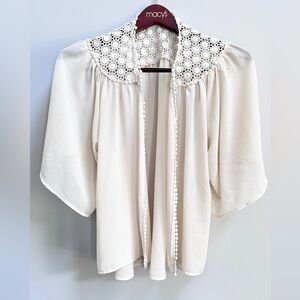monteau sheer ivory crochet detail open front top size L